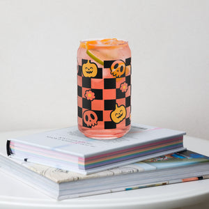Charming Checkered Halloween Glass Can Cup - Sip in Spooktacular Style!