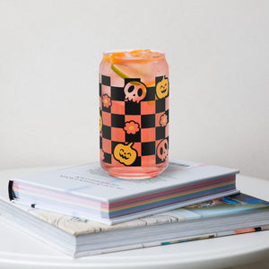 Charming Checkered Halloween Glass Can Cup - Sip in Spooktacular Style!