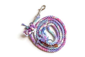 Unicorn Themed rope dog leash in a blue, pink, purple tie-dye style